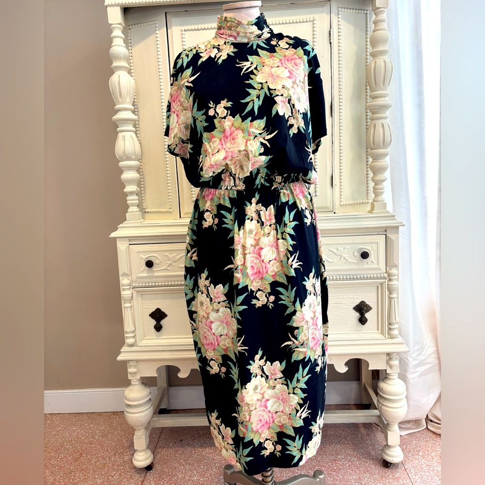 Vintage 80s Ansley Black Multicolor Floral Midi Dress Vintage Size 14/Medium
